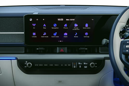 Kia Carens Clavis EV — Dual Panoramic Display touchscreen with EV and navigation menus