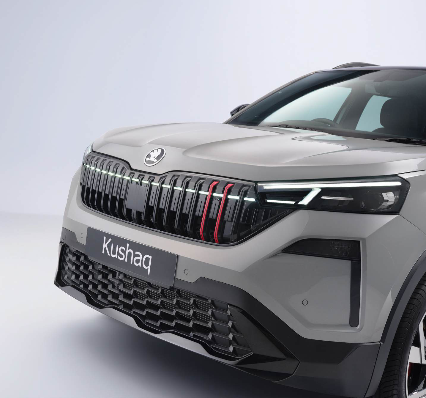 Skoda Kushaq — Illuminated front grille light band flanked by LED headlights