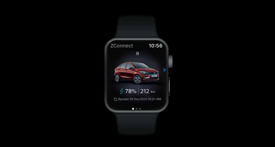 Tata Tigor EV — ZConnect smartwatch connectivity shows state of charge, remaining range and lock status on the wrist