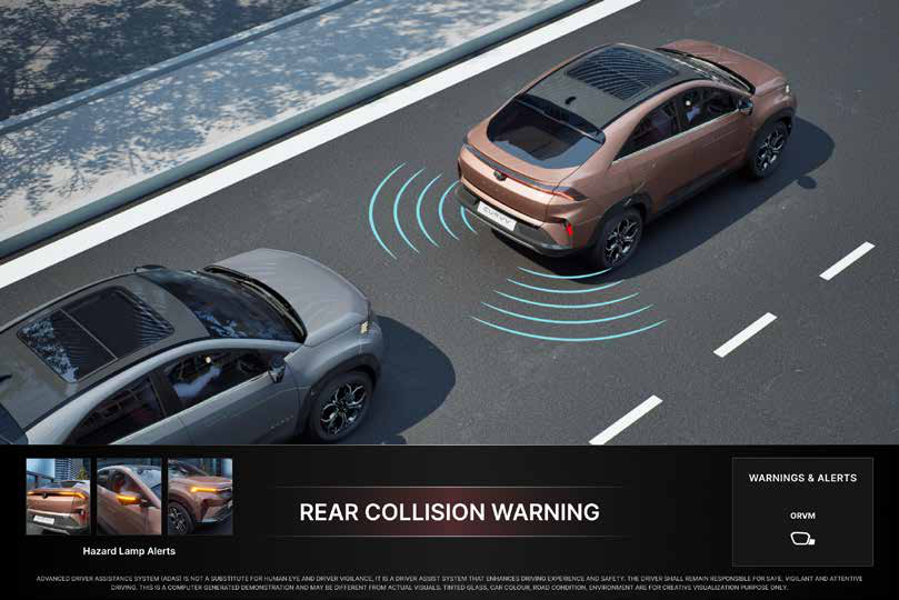 Tata Curvv — Rear Collision Warning alerts via the ORVMs and hazard-lamp alerts when a rear-end collision risk is detected.