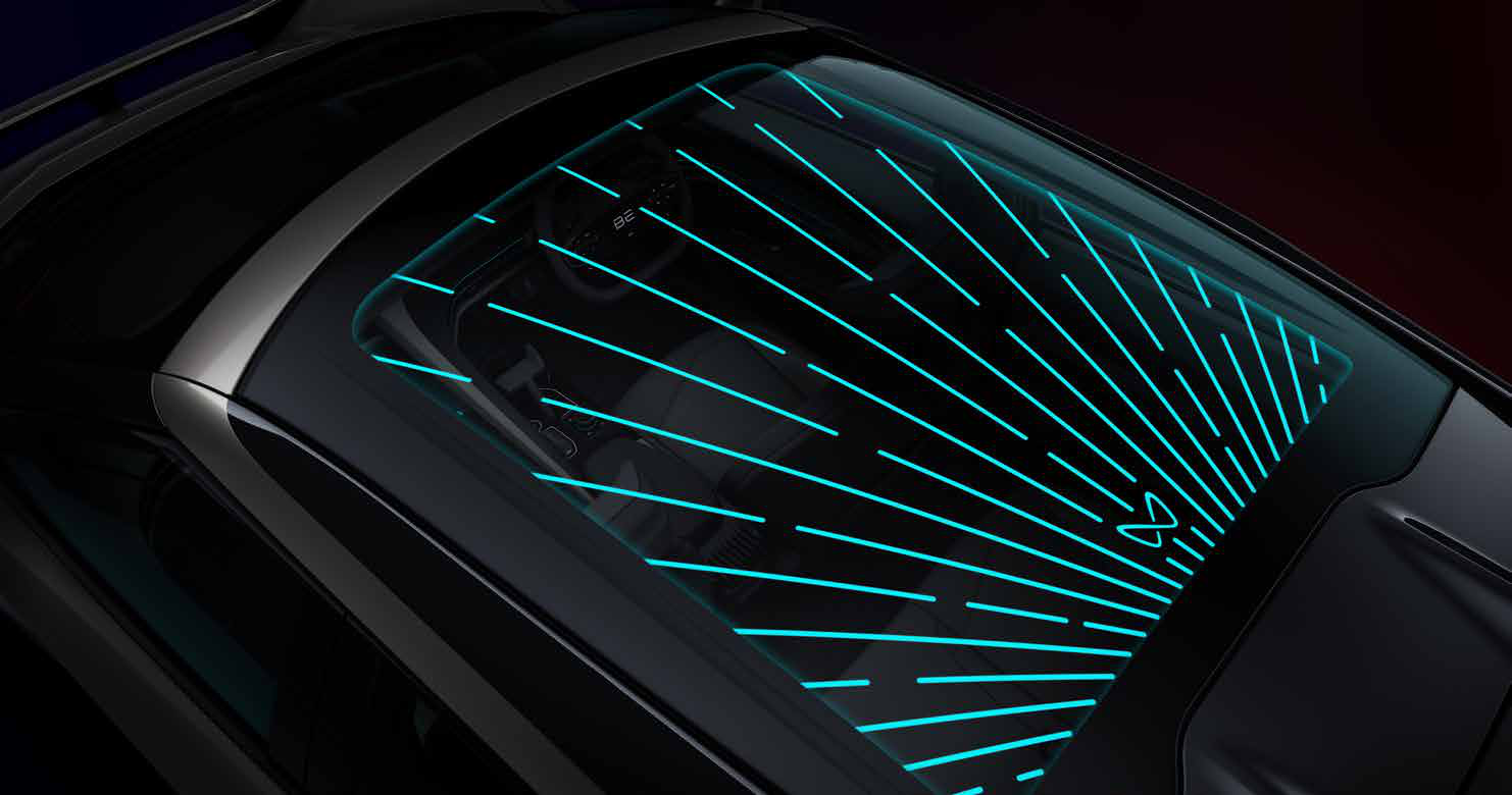 Mahindra BE 6 — LightMeUp Infinity Roof with illuminated pattern and 16 million ambient hues