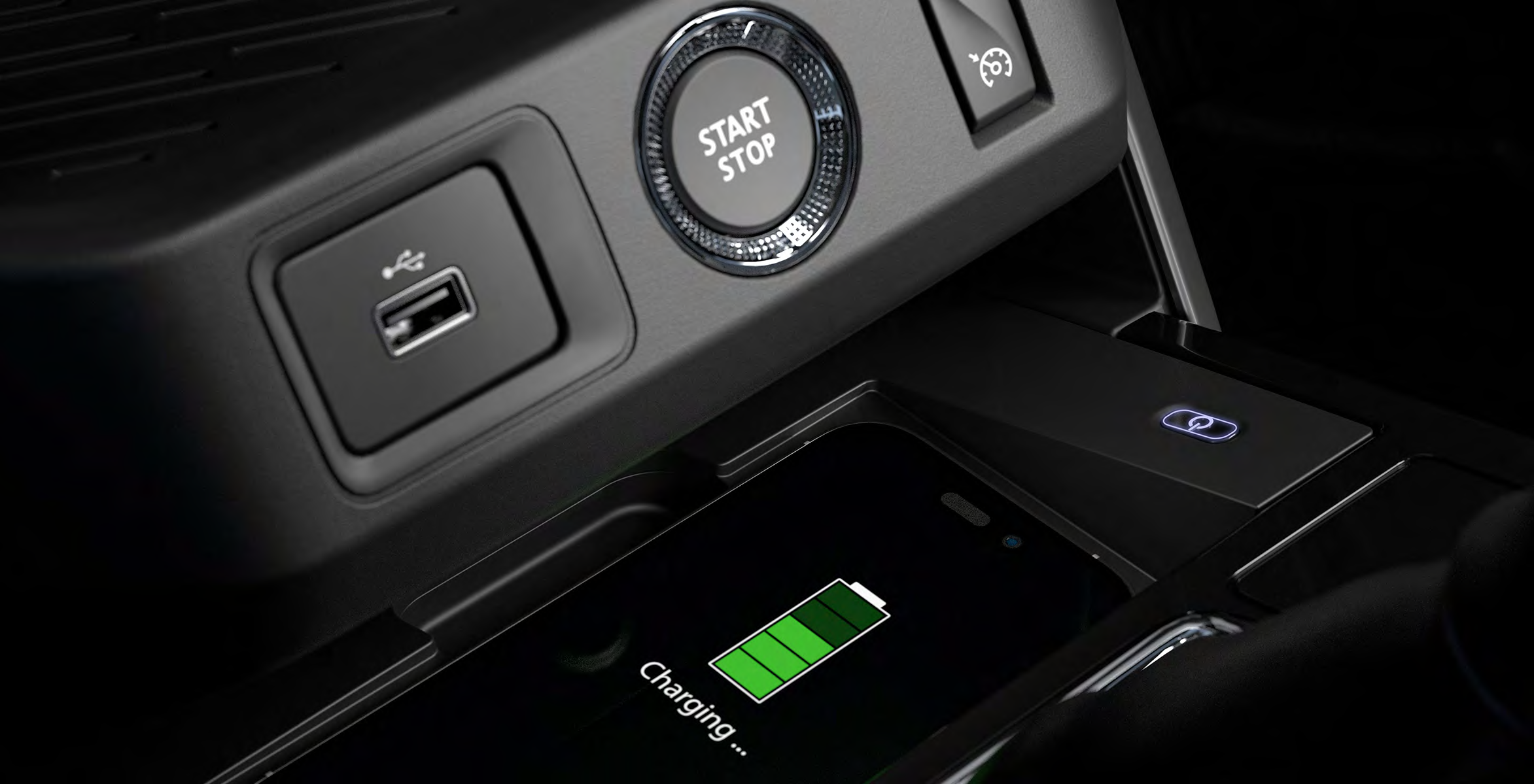 Renault Kiger — Wireless smartphone charging dock alongside a USB port and push-button engine start.