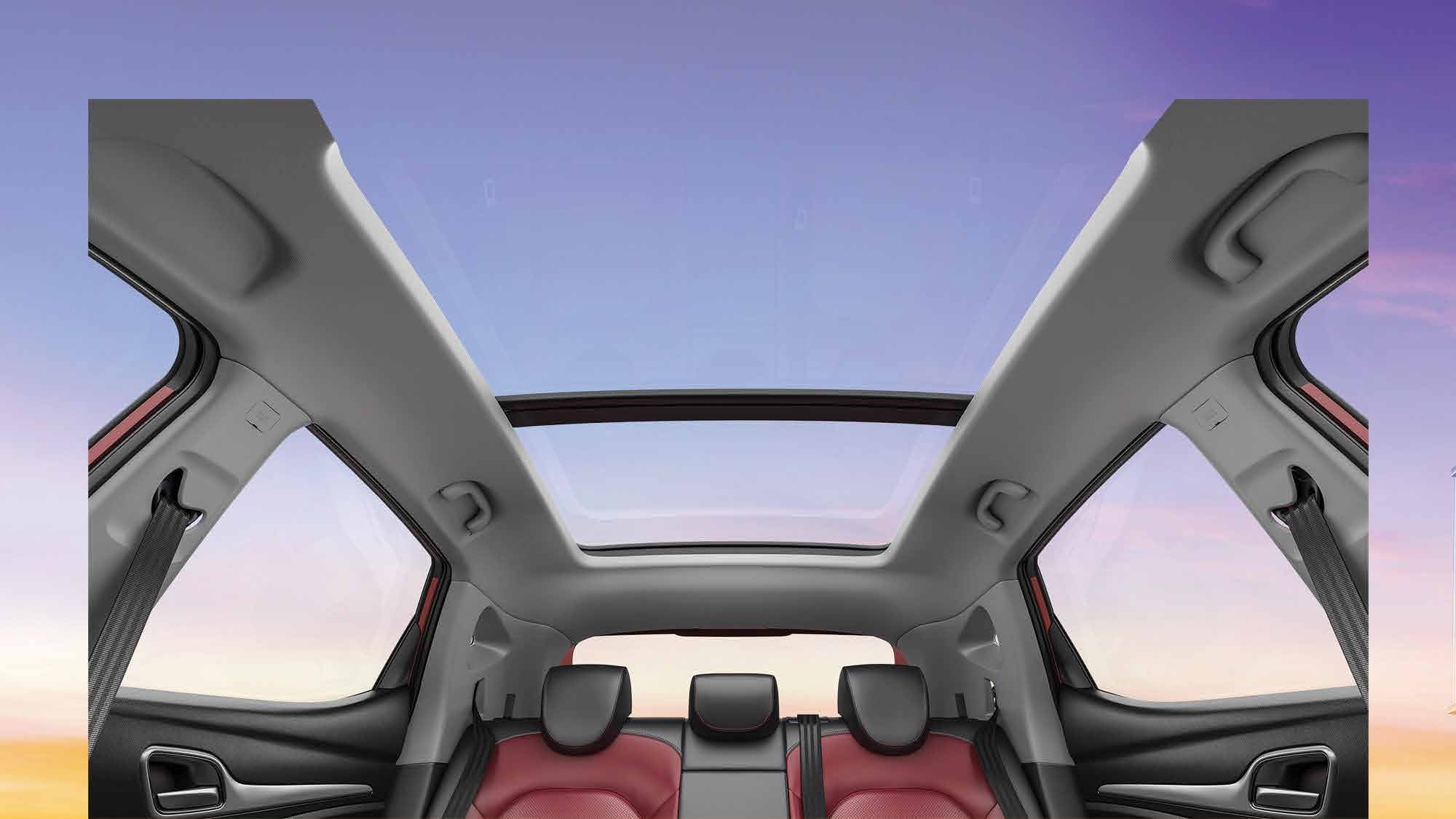 MG Astor — Panoramic sunroof viewed from inside the cabin.