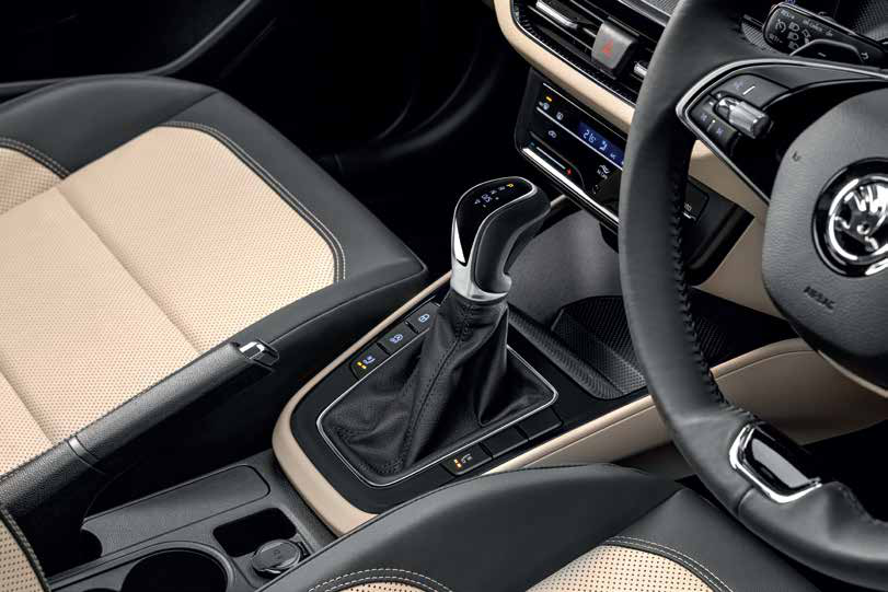 Skoda Slavia — Automatic DSG gear selector on the dual-tone centre console.