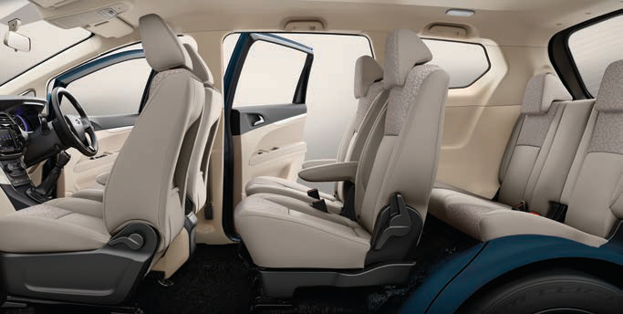 Mahindra Marazzo — Three-row cabin with wide-opening rear doors for easy third-row access