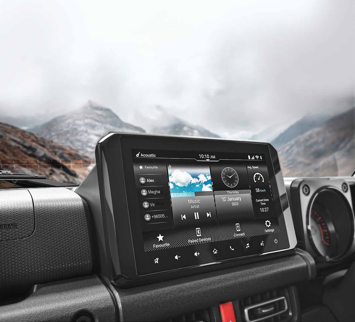 Maruti Suzuki Jimny — Nine-inch SmartPlay touchscreen with wireless smartphone connectivity and drive info.