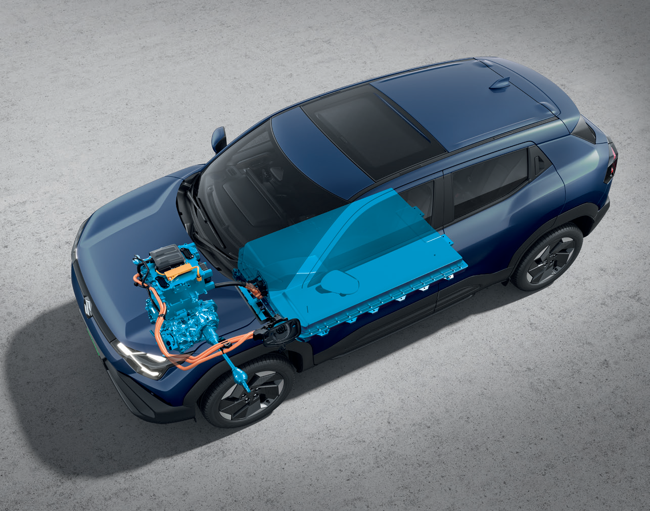 Maruti Suzuki e Vitara — Cutaway view of the e-Axle electric motor at the front and the floor-mounted battery pack powering the drivetrain.