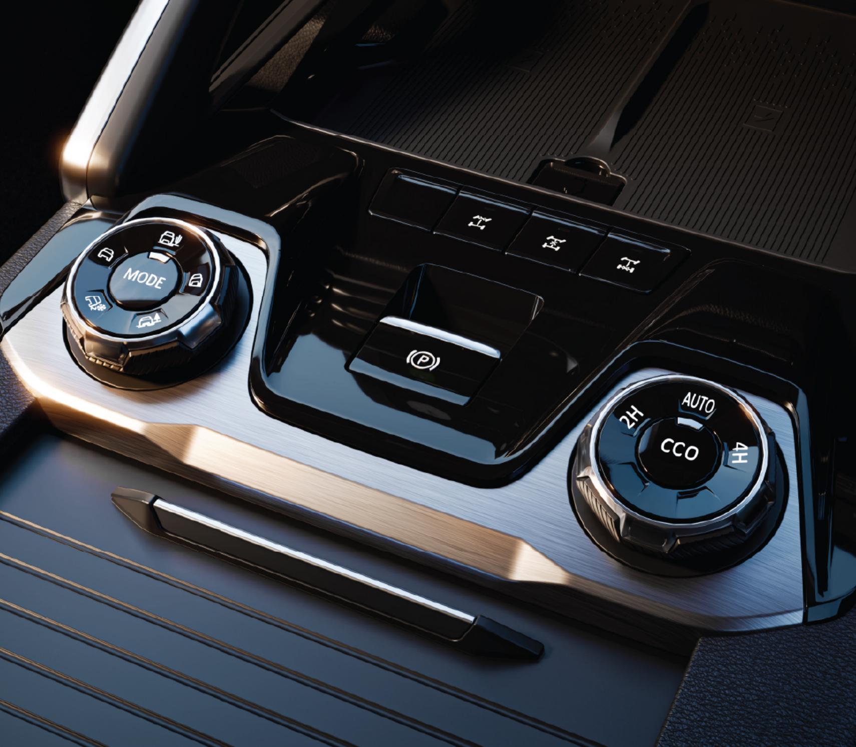 MG Majestor — M-Hub off-road command console with the terrain drive-mode dial and 2H/Auto/4H selector