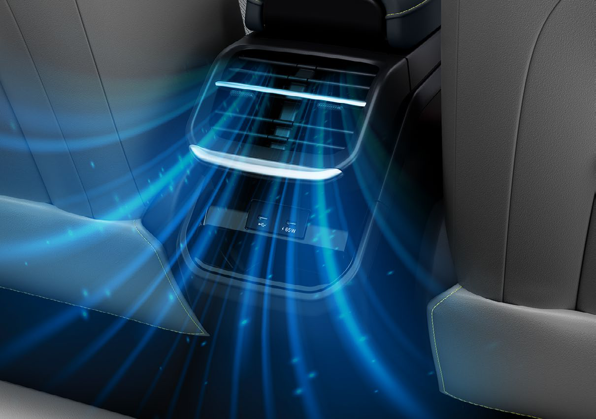 Tata Sierra EV — Rear AC vents with a 65W USB C+C fast-charging port below for rear passengers