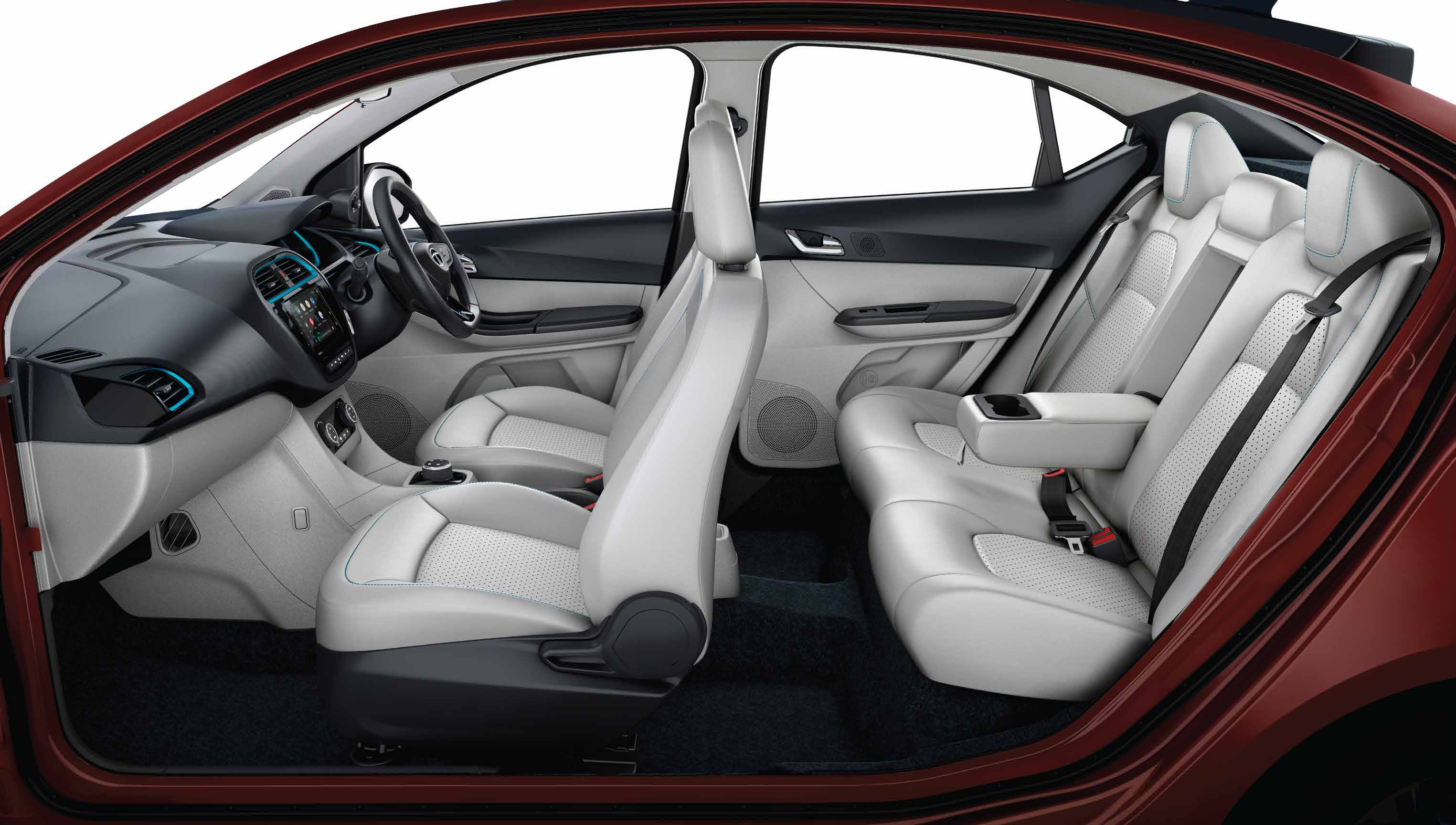 Tata Tigor EV — Dual-tone cabin with plush leatherette upholstery, blue contrast stitching and a foldable rear armrest with cup holders